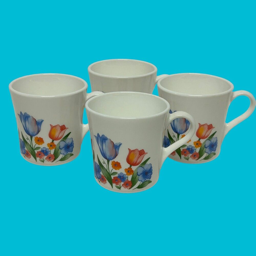 Set Of 4 Corelle Corning Ware Fresh Cut Tulips Pattern Tea Cups Coffee Mugs